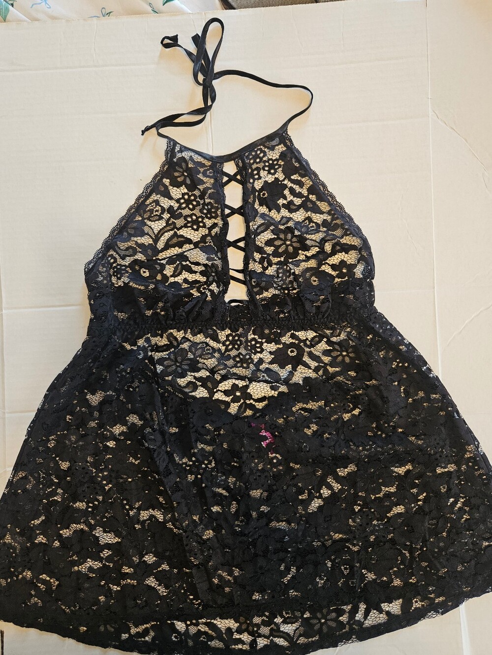 Adore Me 1X Black Floral Lace Halter Babydoll Lingerie